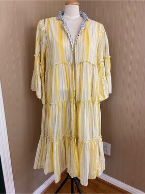 W Women Yellow, White & Grey Striped Boho Hippie Cotton Cardigan Women’s M-L